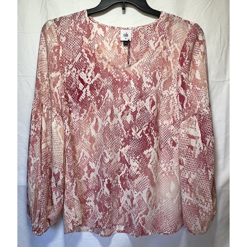 CAbi #5708 Bethany Blouse Pink White Snakeskin Balloon Long Sleeve Top Sz M NWT